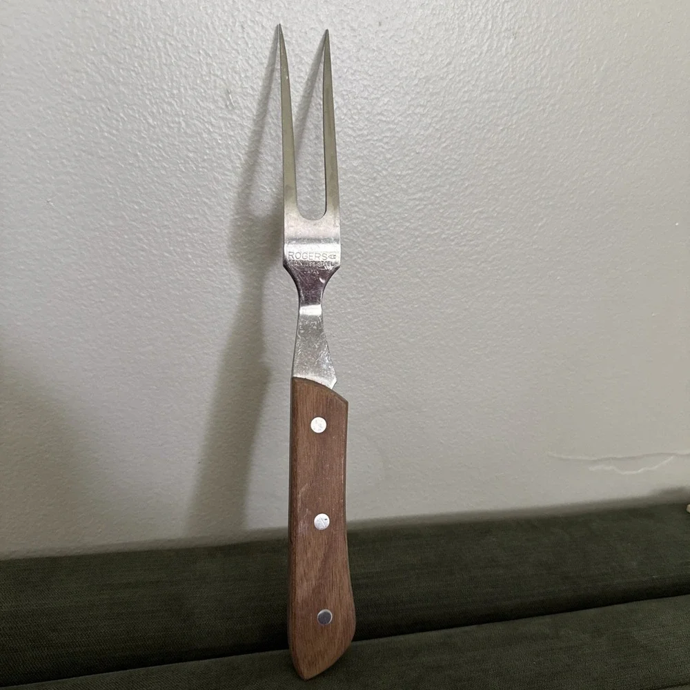 Solid Stainless Rogers Vintage Mid Century Meat Carving Fork Wood‎ Handle Japan